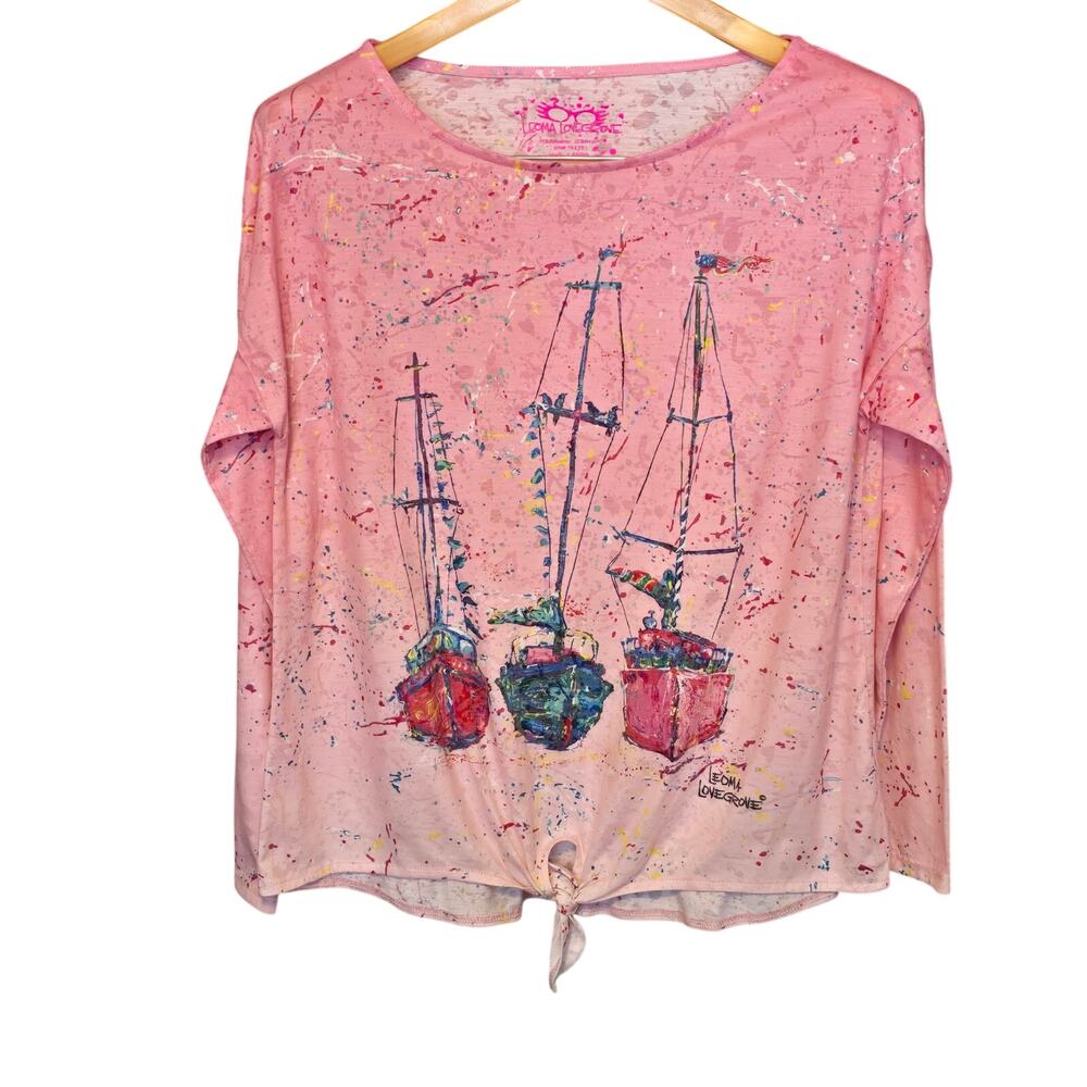 Leoma Lovegrove Top Womens Size Medium Pink Sailboat Long Sleeve Paint Splatter